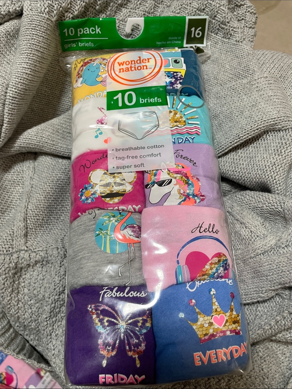NWT Wonder Nation Girls 10PK Cotton Brief Underwear Tagless SZ 16 “Days of Week”
